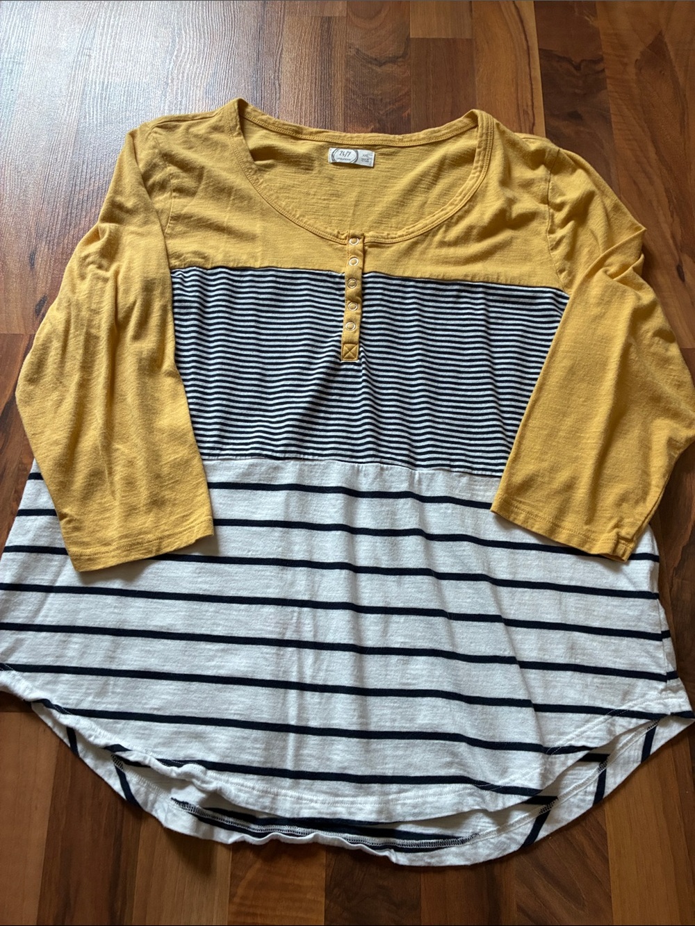 Mustard Yellow and White Striped Henley Tunic Top